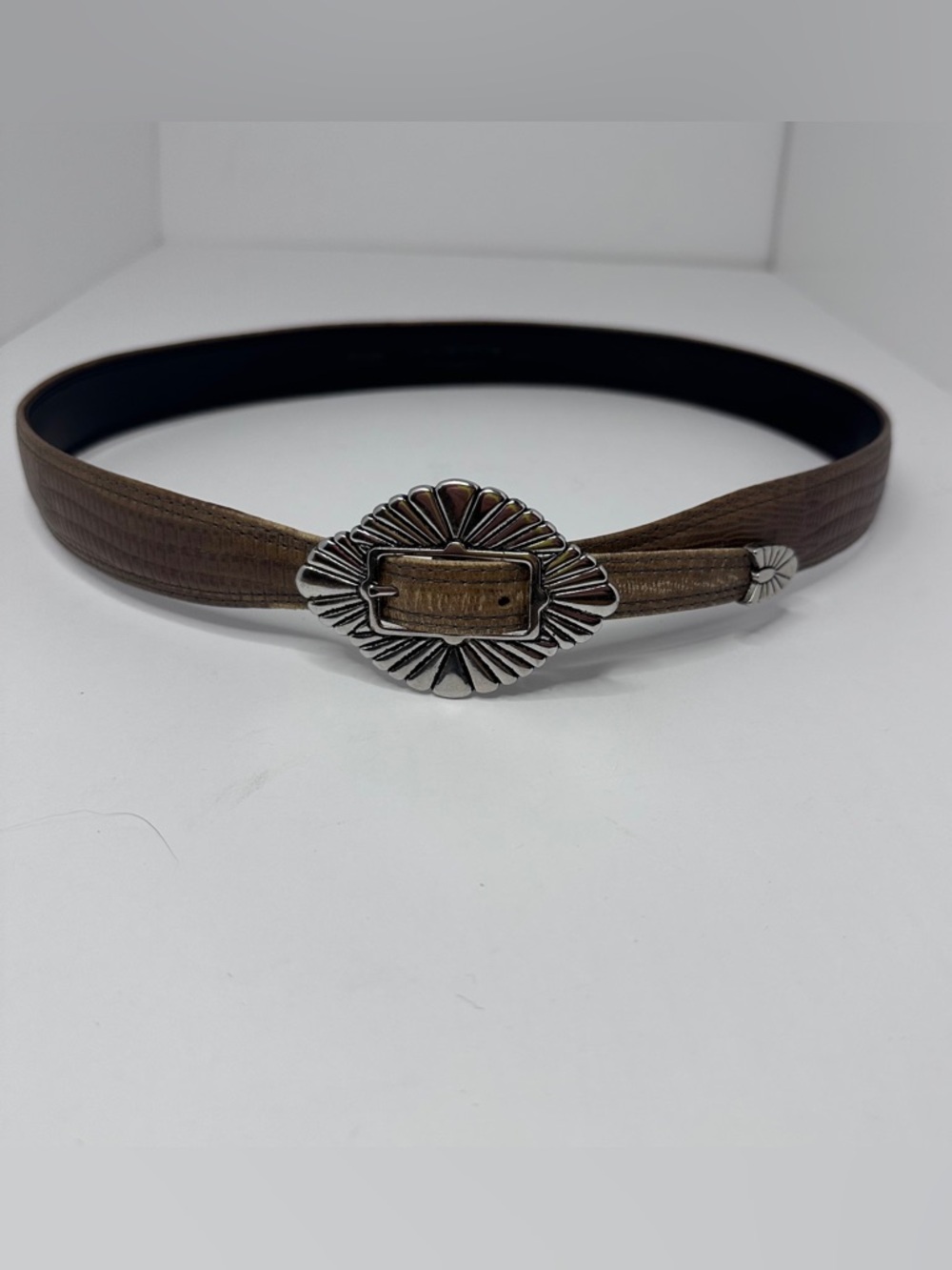 Vintage Liz Claiborne Brown Leather Embossed Belt, Silver Metallic Buckle